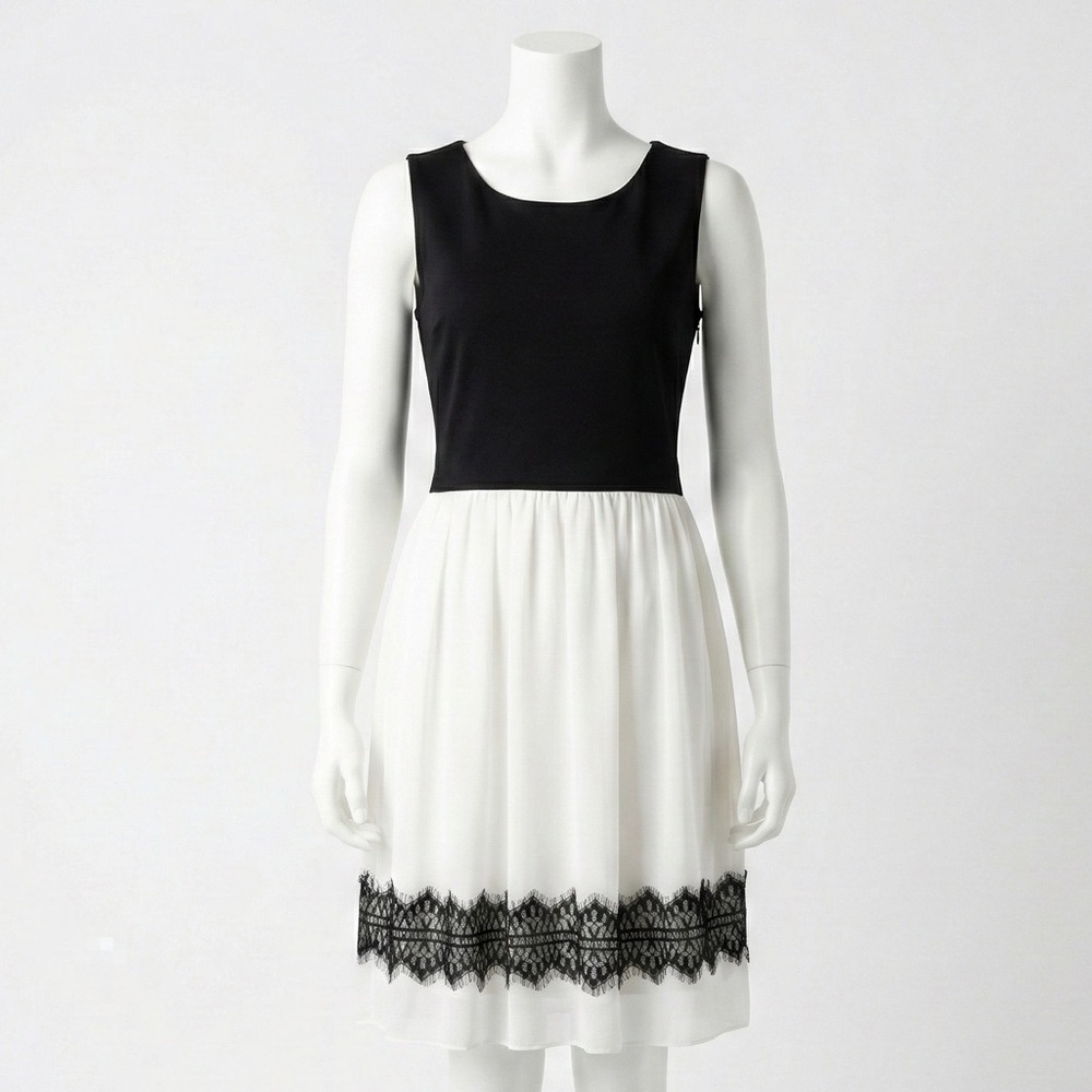 En Focus Studio Colorblock Dress Black White Lace Hem Fit & Flare Sleeveless 6